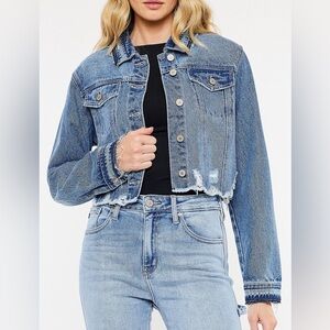 KanCan Ripped Hem Cropped Denim Jacket - Size L